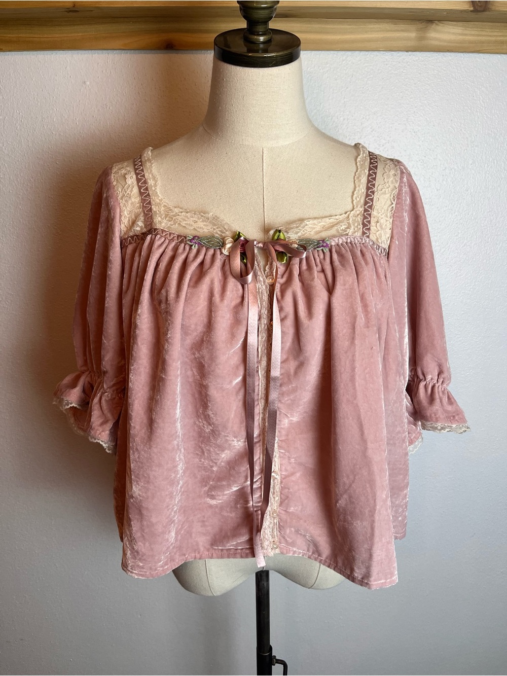 Free People Pink Velvet Peasant Blouse with Cream Lace and Embroidered Flowers